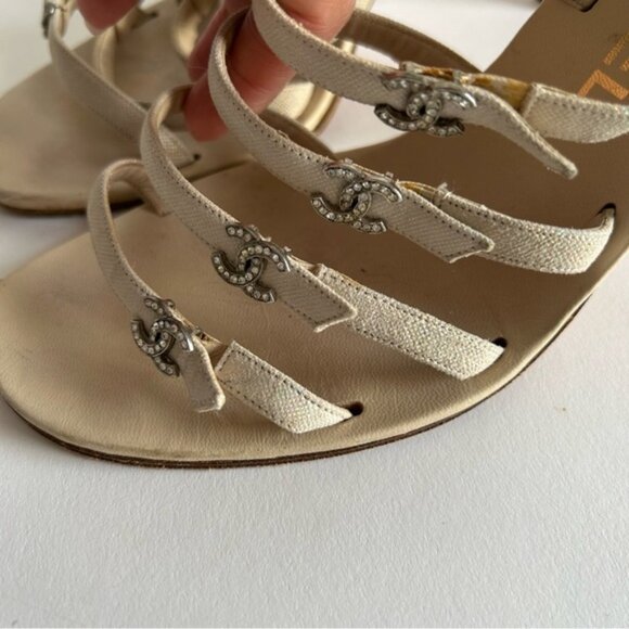 Rare Chanel Iconic "CC" Rhinestone Metallic Leather Sandal Heels size 40 - Picture 3 of 13